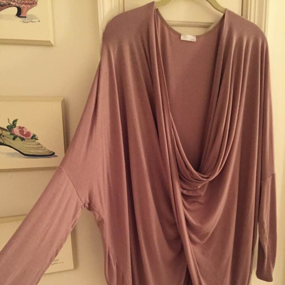 High-low drape-front taupe tunic - Esquisite!